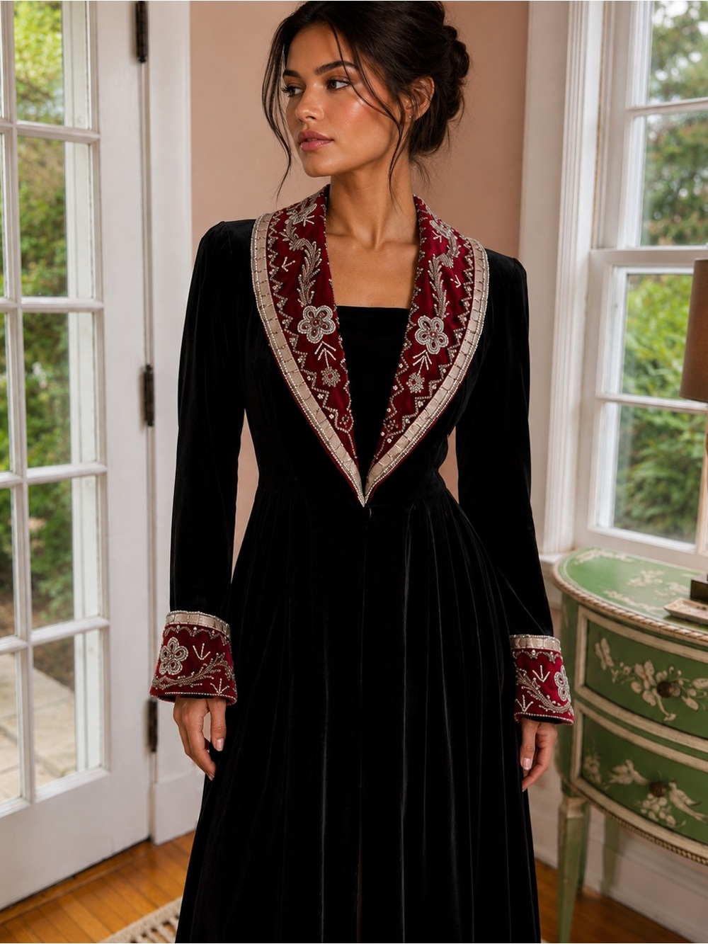 Vintage 1998 Double D Ranchwear “Tee-Wee-Lee-Ma” Beaded Velvet Gown XS. 23/200